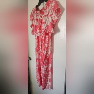 Women's Pink and White Floral Pants Set. Crop Top/Pull On Pants